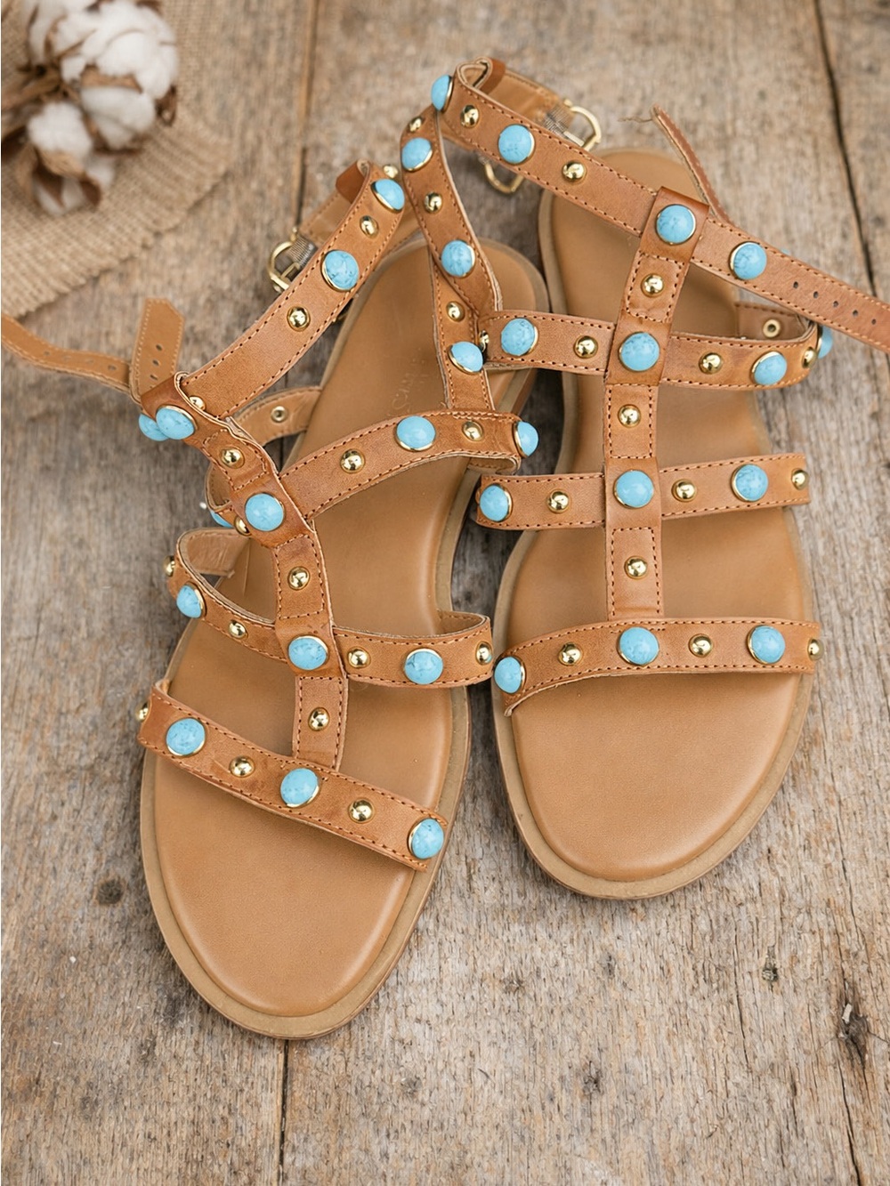 Nine West Tan Gladiator Sandals with Turquoise Studs